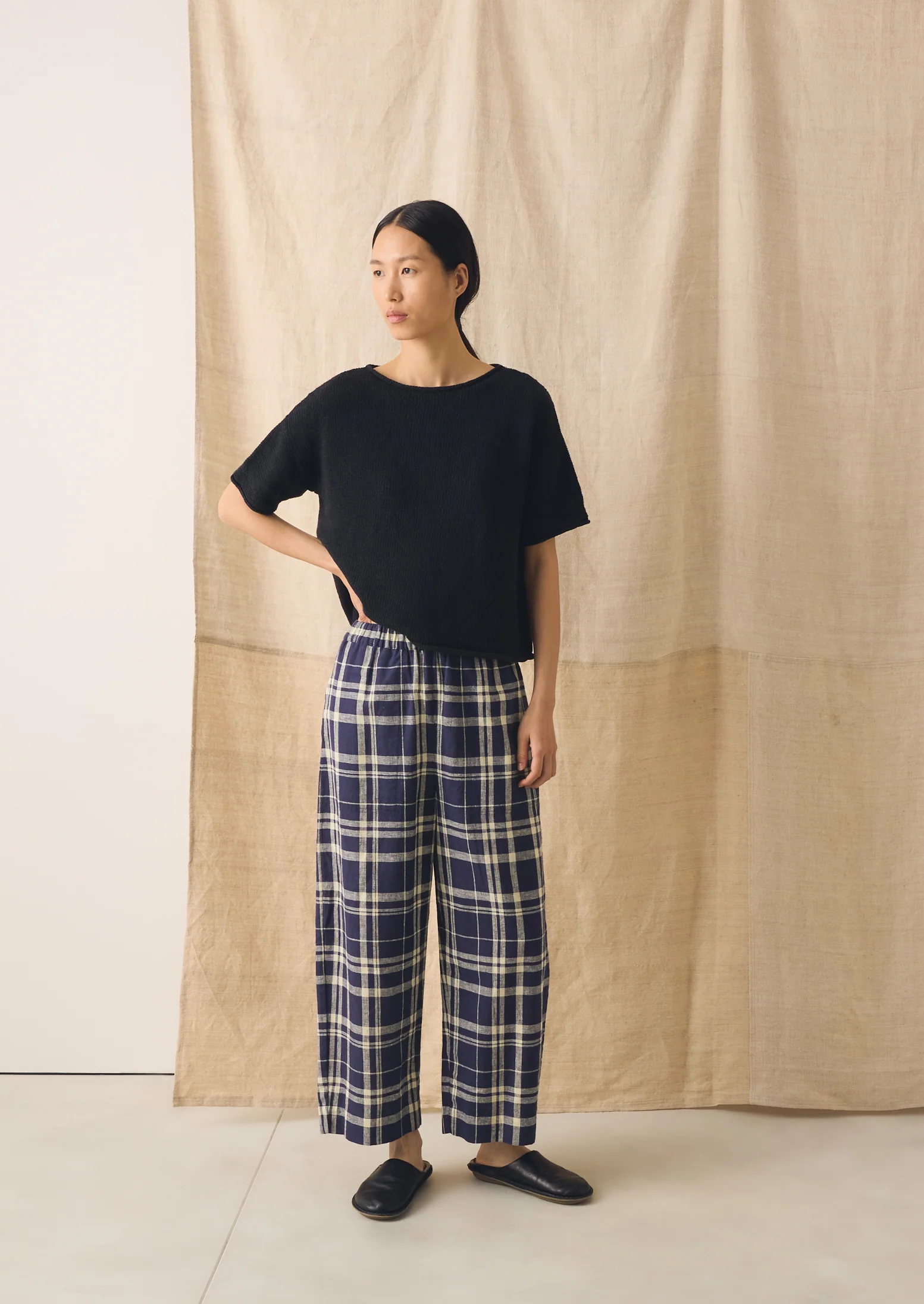 Barrel Leg Check Linen Cotton Trousers | Blue/Soya - Image 2