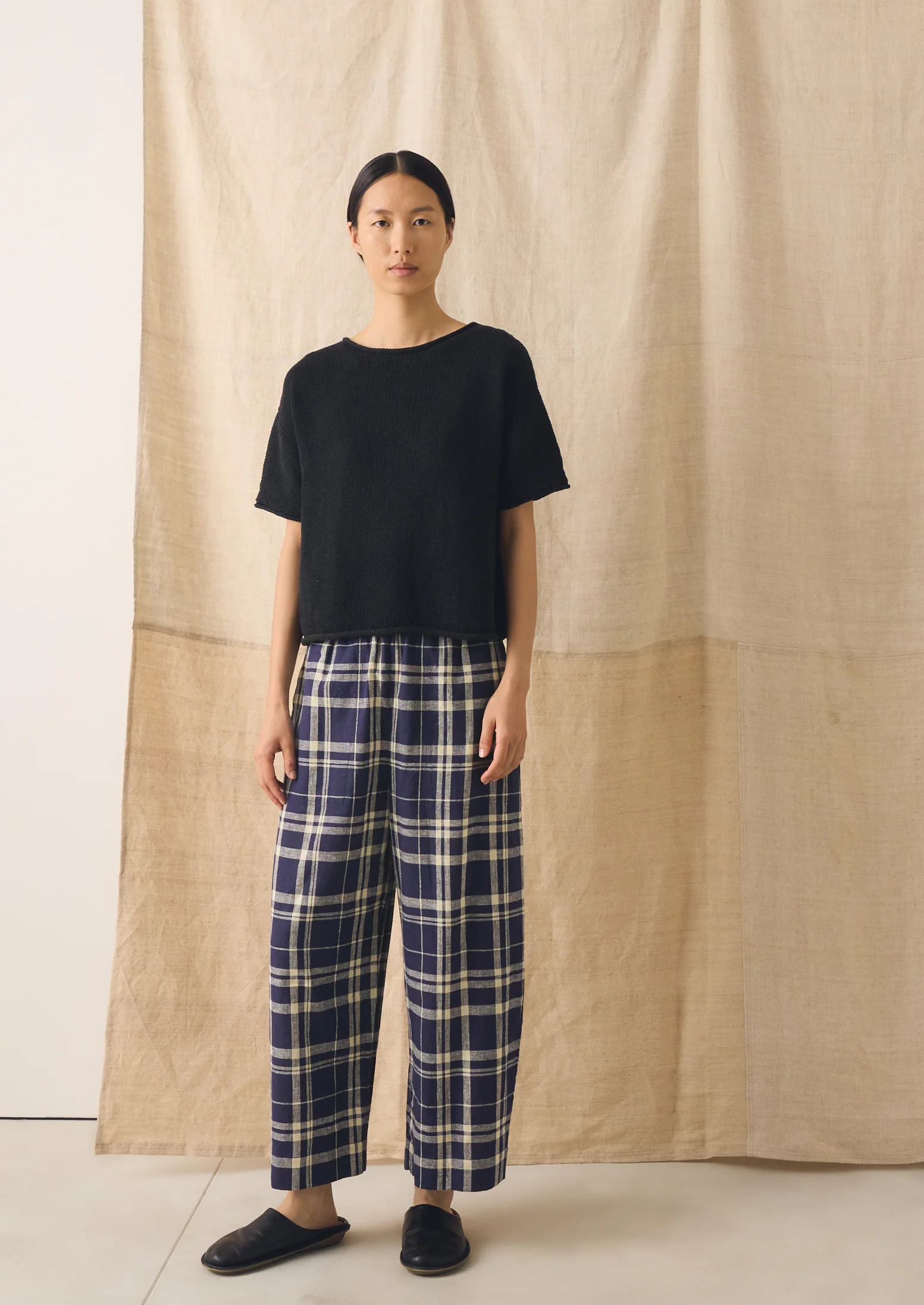 Barrel Leg Check Linen Cotton Trousers | Blue/Soya - Image 5