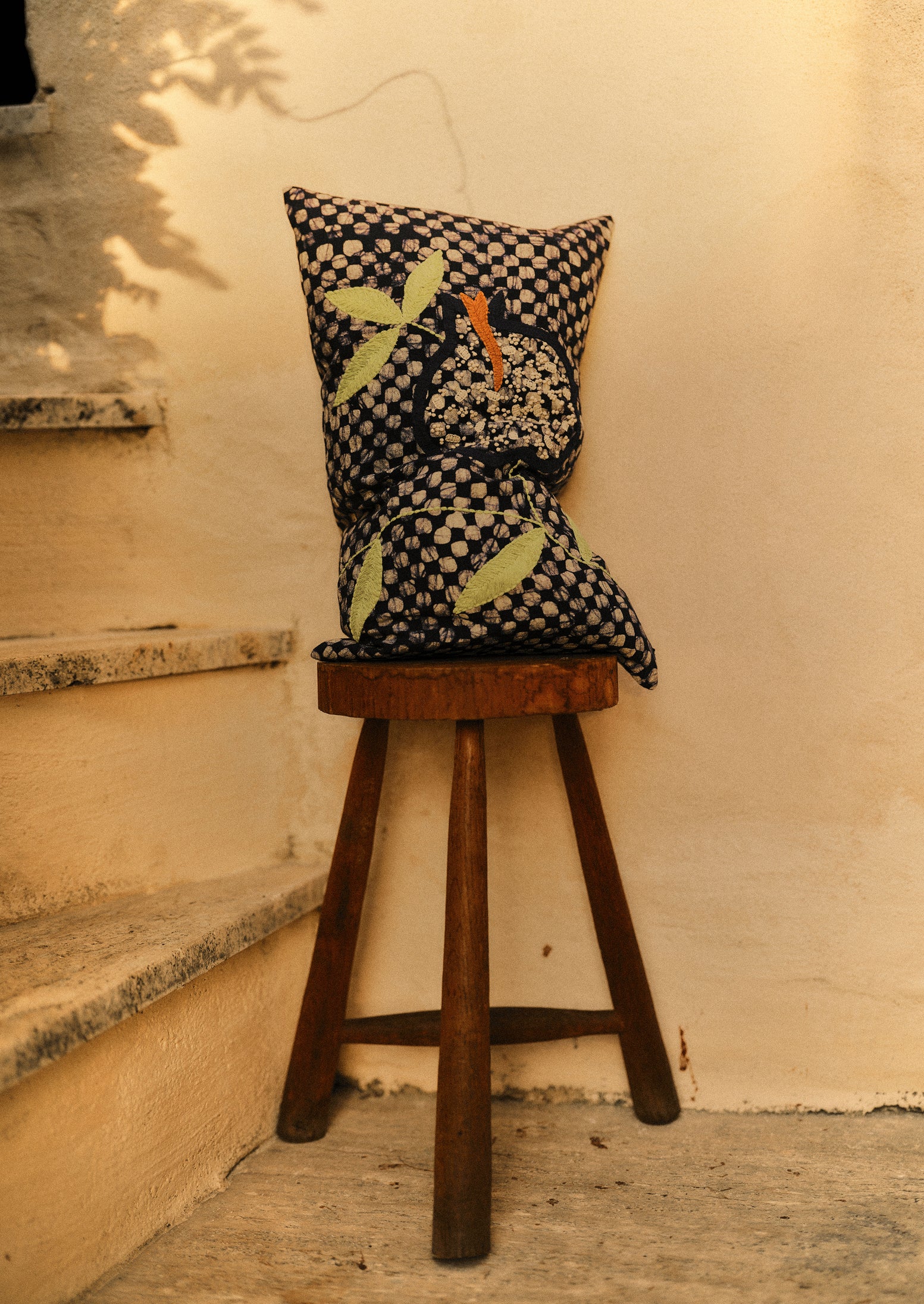 Batik Embroidered Pomegranate Cushion Cover | Provencal Blue - Image 2