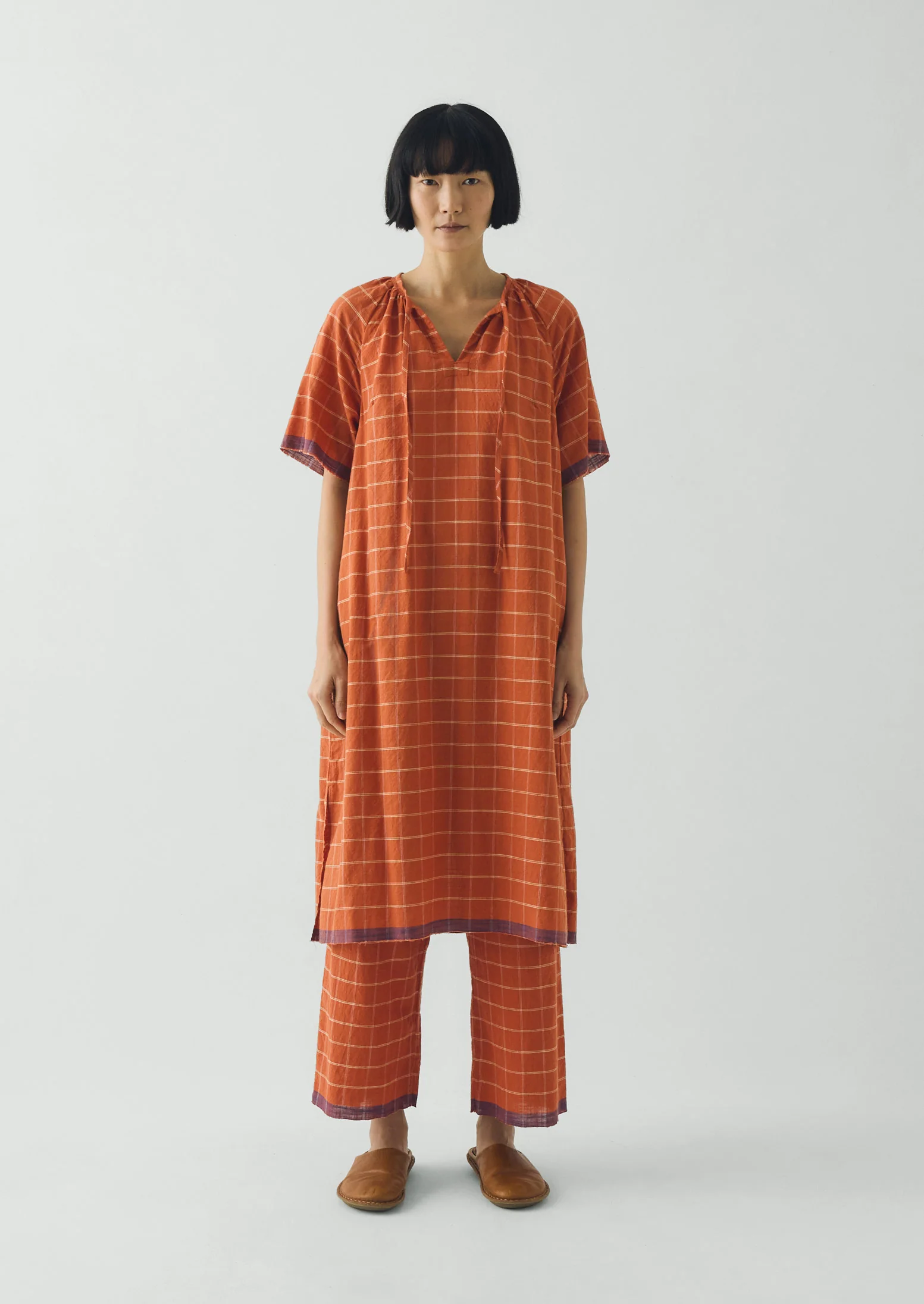 Bistrot Check Cotton Kaftan | Papaya - Image 2