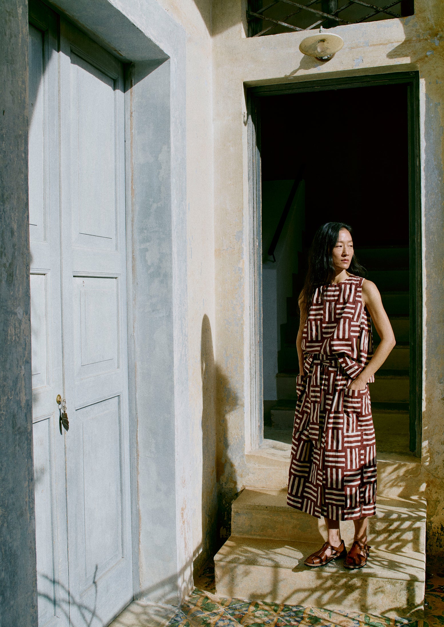 Block Print Patchwork Stripe Wrap Skirt | Sable - Image 2