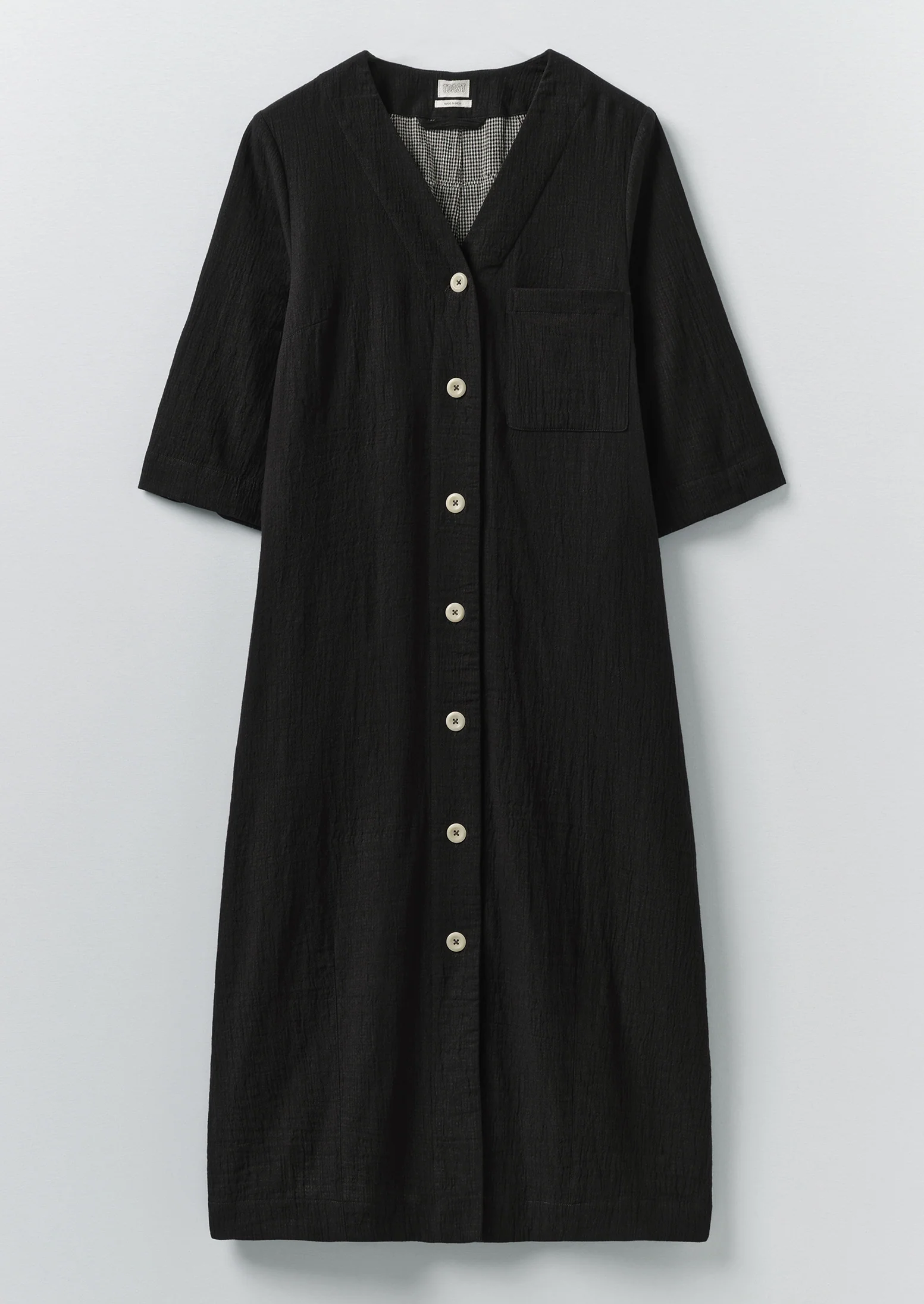 Button Front Crinkle Cotton Dress | Black