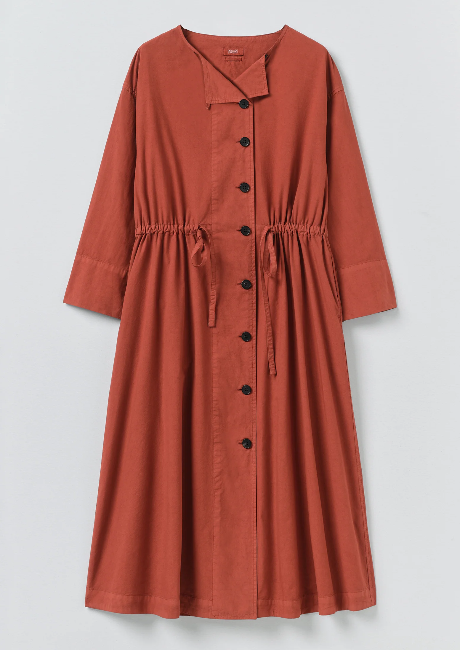 Button Through Cotton Linen Poplin Dress | Brick