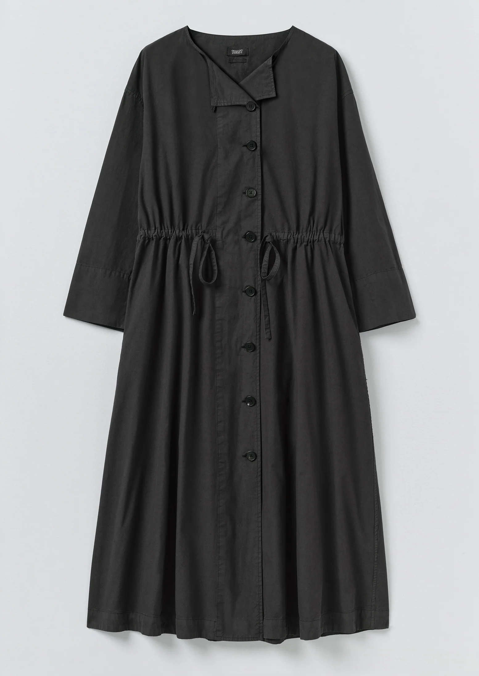 Button Through Cotton Linen Poplin Dress | Washed Black