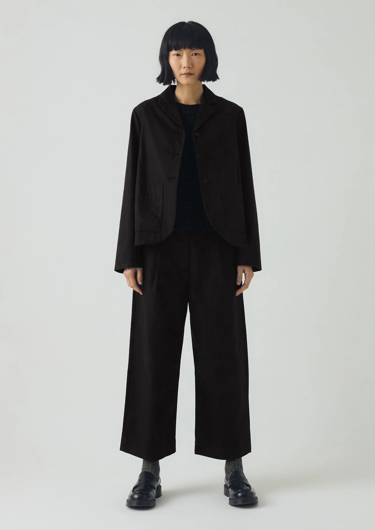 Cotton Wool Herringbone Pleat Front Trousers | Black - Image 4