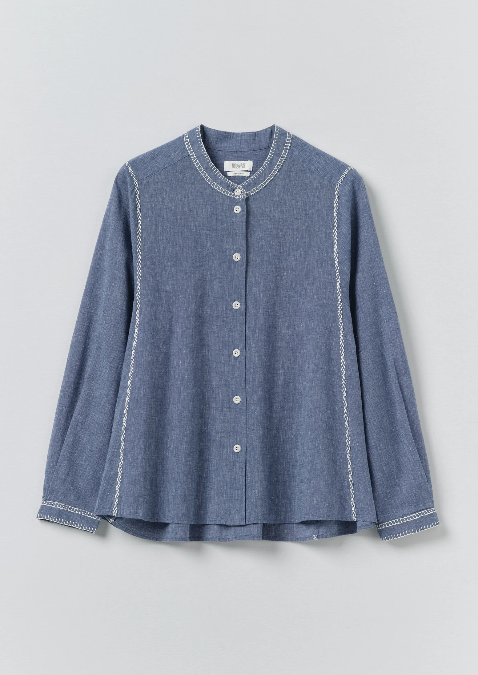 Embroidered Cotton Linen Chambray Shirt | Chambray Blue