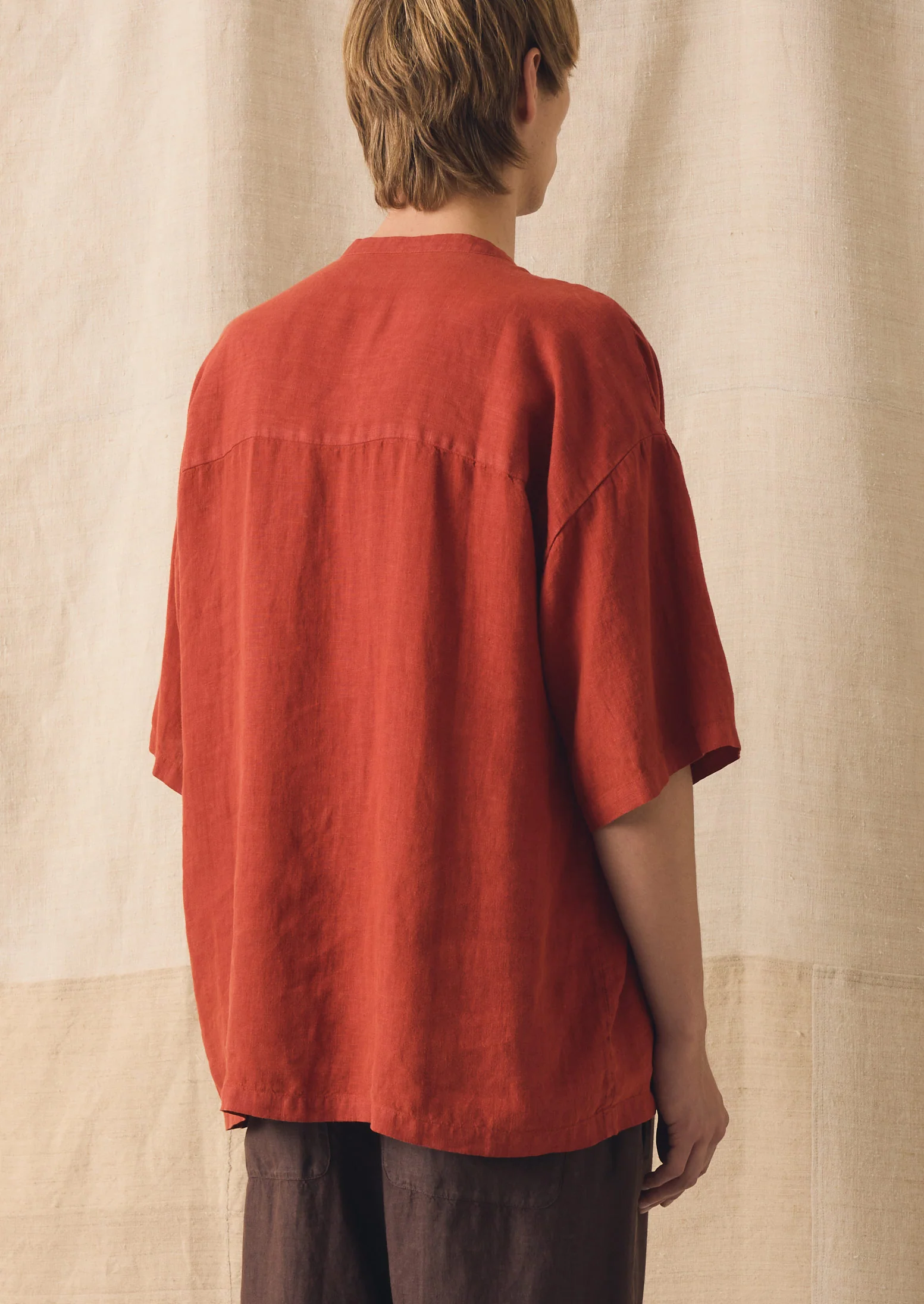 Garment Dyed Linen Grandad Collar Shirt | Sun-dried Tomato - Image 3