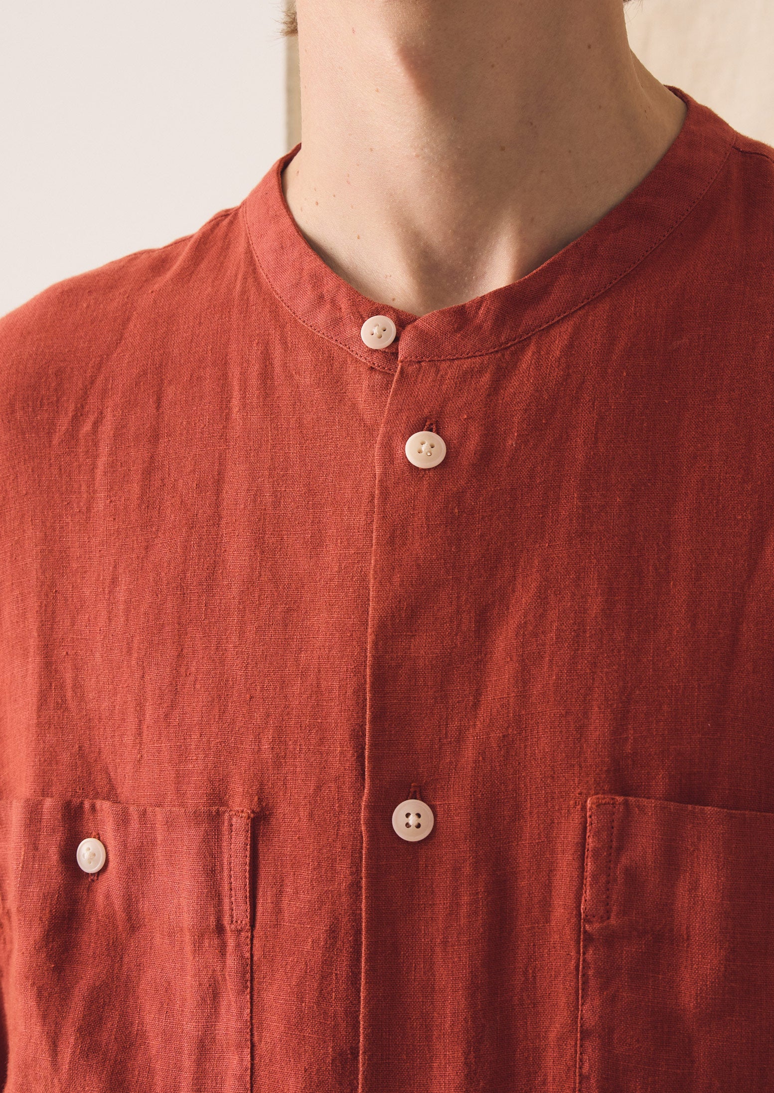 Garment Dyed Linen Grandad Collar Shirt | Sun-dried Tomato - Image 4