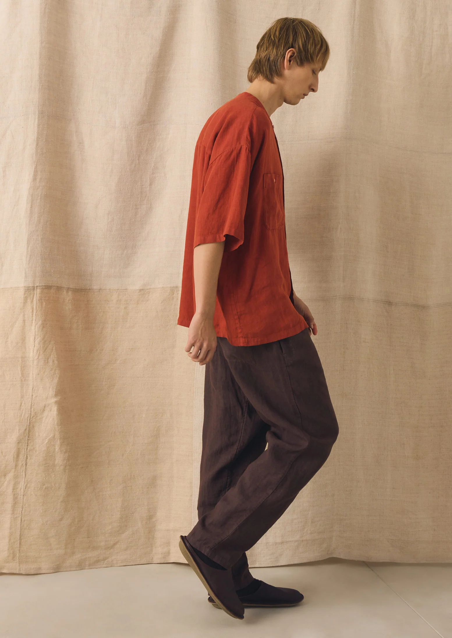 Garment Dyed Linen Grandad Collar Shirt | Sun-dried Tomato - Image 5