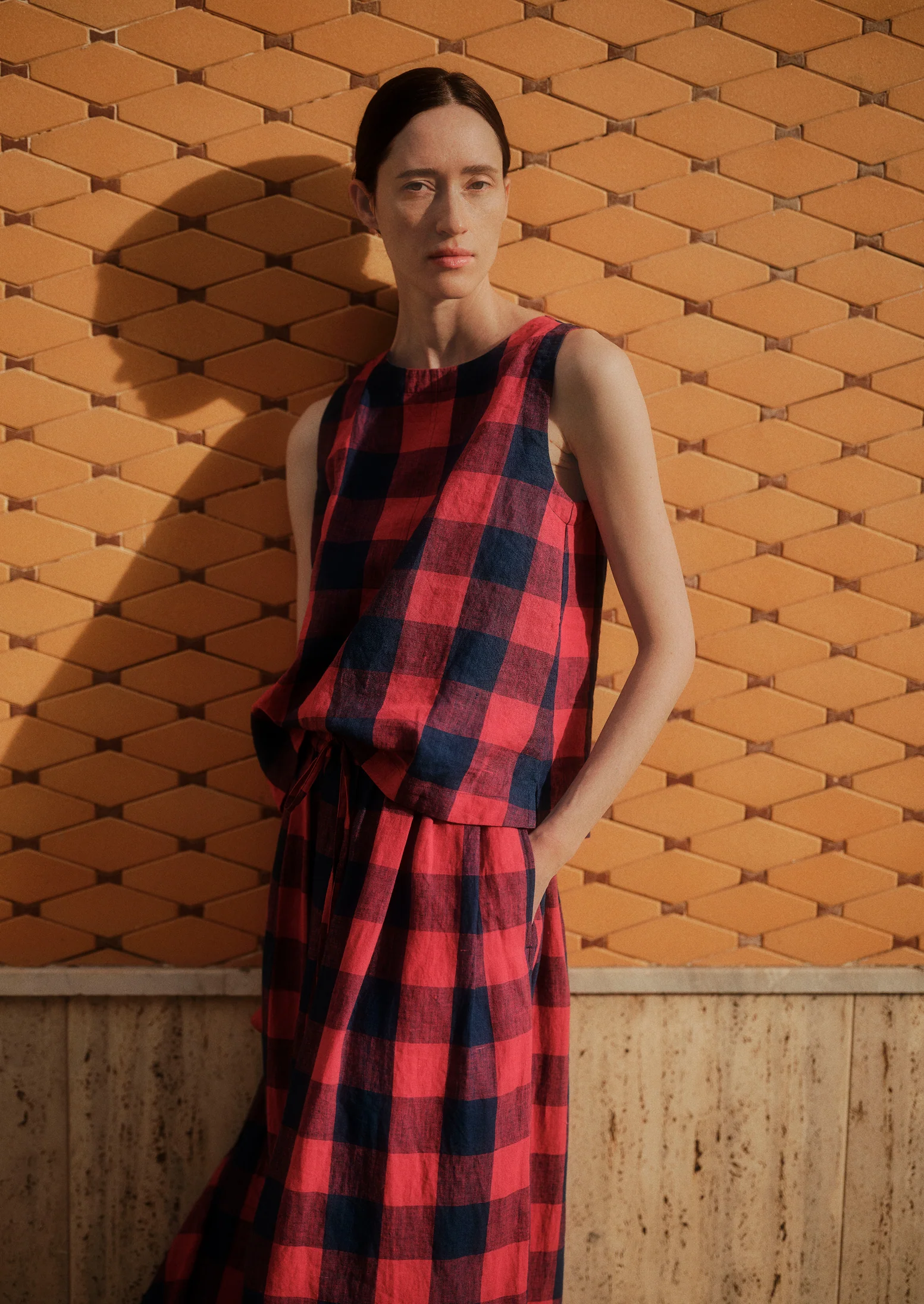 Gingham Check Linen Skirt | Raspberry/Blue - Image 9