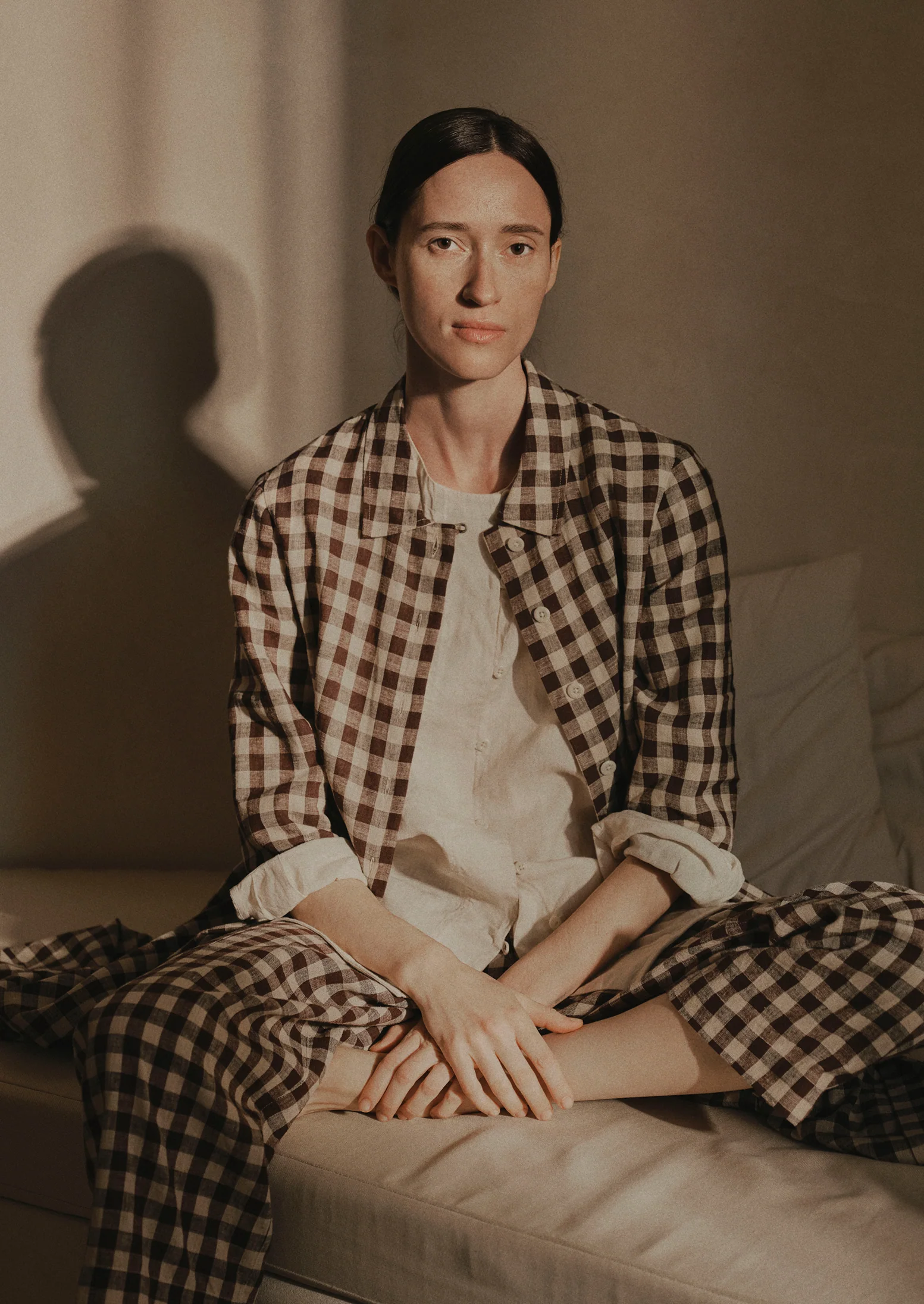 Gingham Linen Cotton Patch Pocket Trousers | Dark Chocolate/Ecru - Image 3