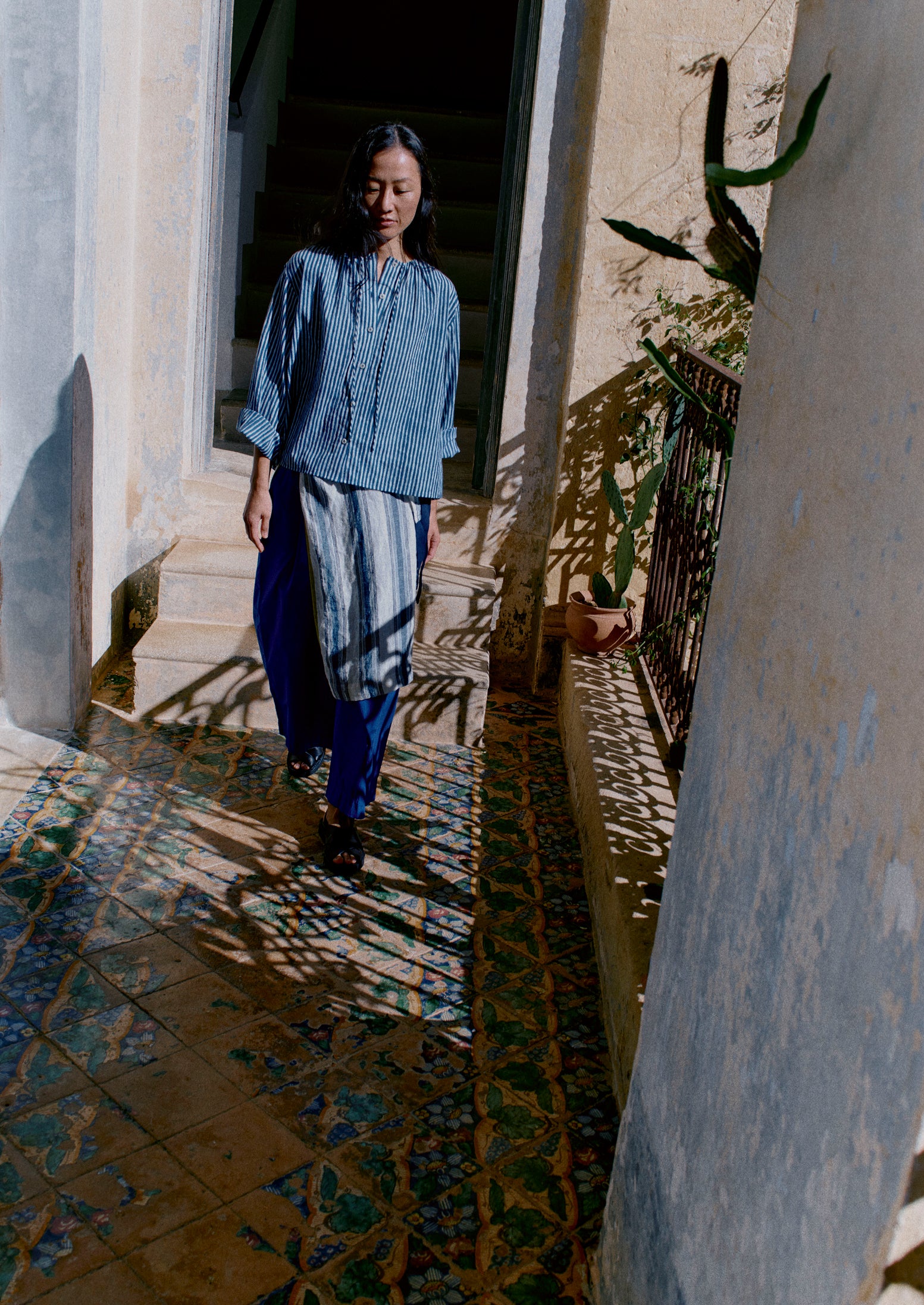 Natural Dye Stripe Cotton Gathered Top | Indigo - Image 4
