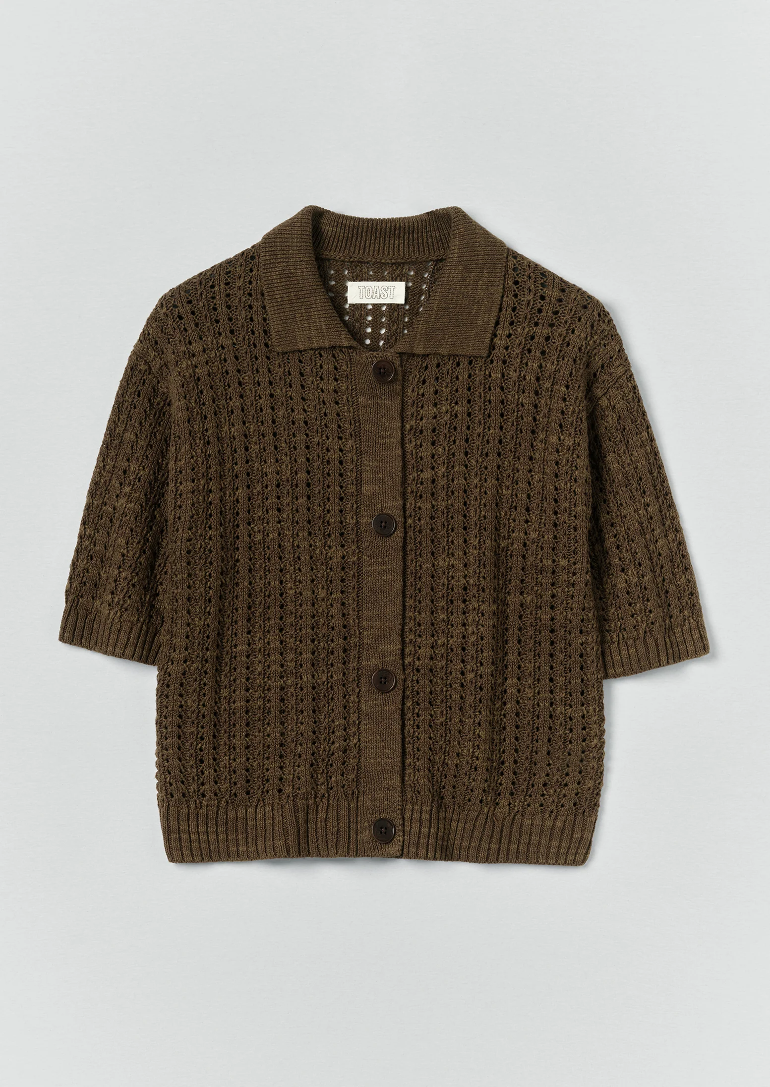 Open Stitch Knitted Linen Cotton Polo | Bronze Green