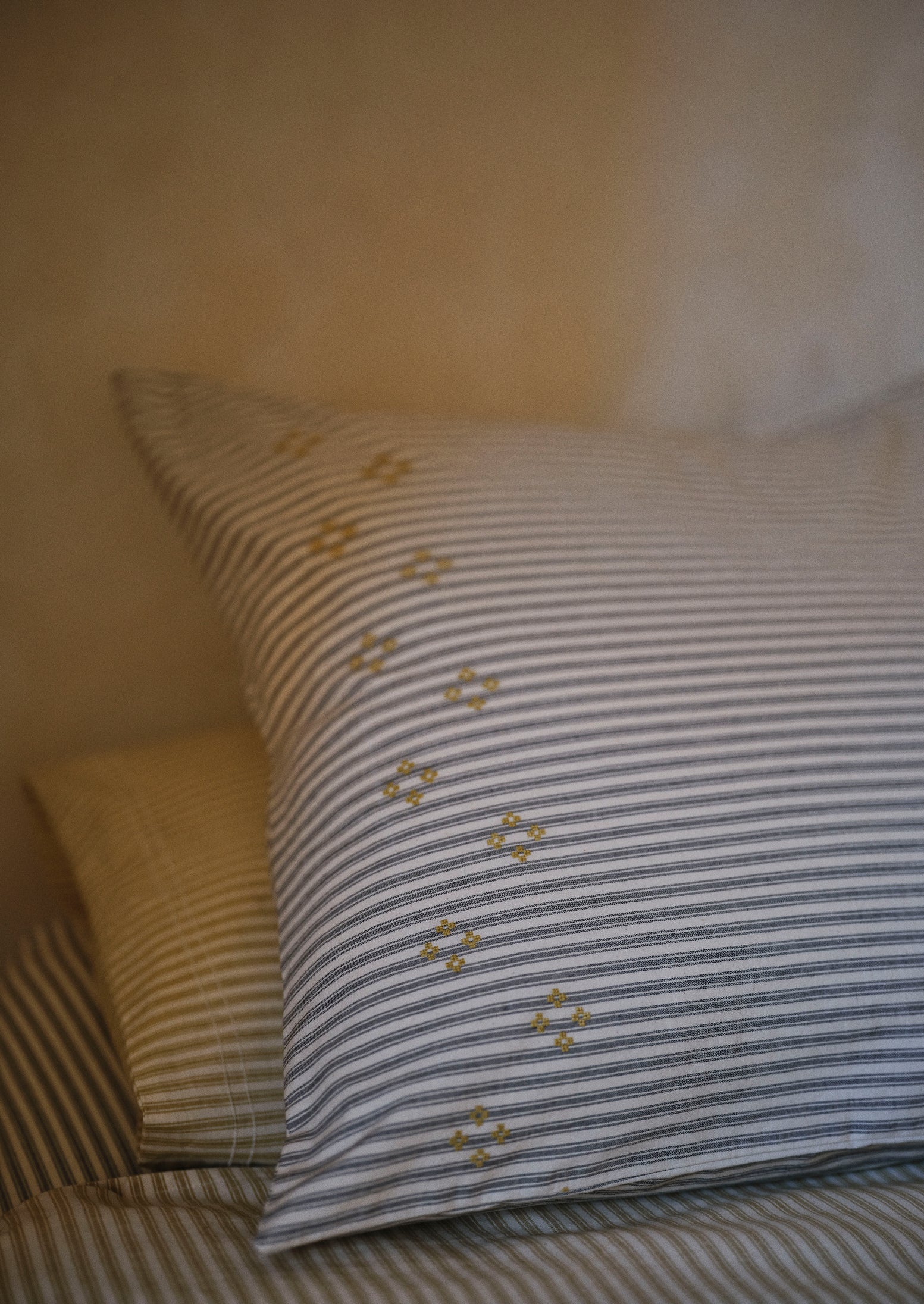 Ticking Stripe Cotton Embroidered Square Pillowcase | Ecru/Graphite - Image 2
