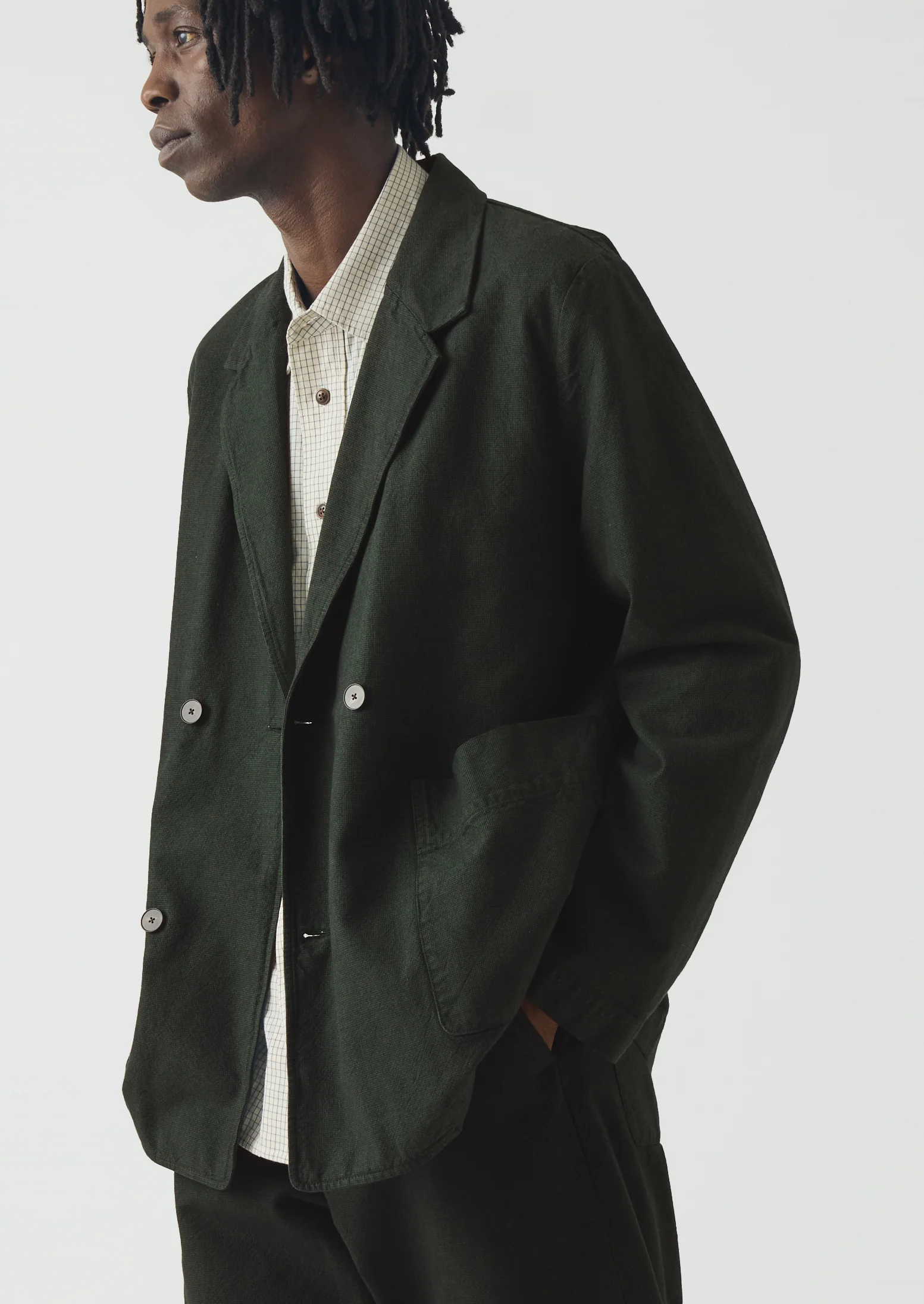 Overdyed Micro Houndstooth Cotton Blazer | Oil Green - Image 2