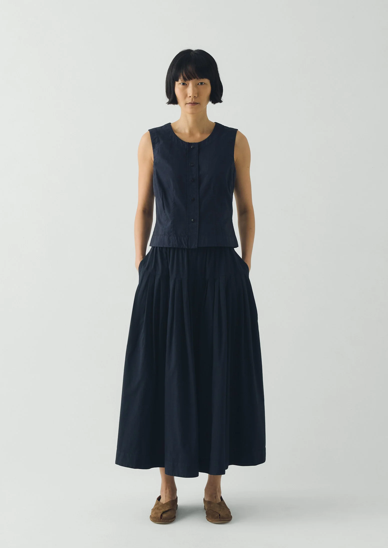 Pleated Raised Stripe Cotton Skirt | Slate - Image 4