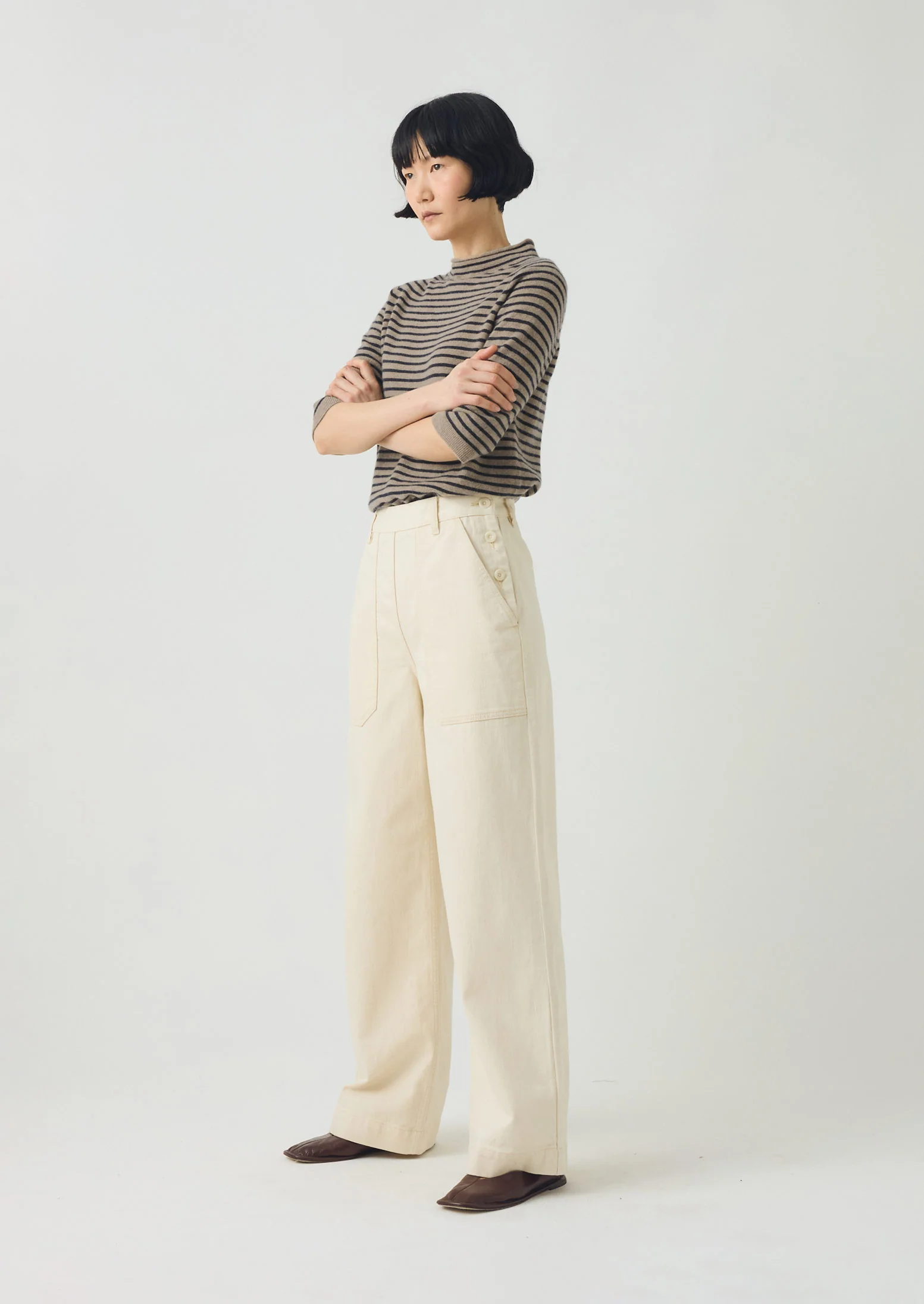 Stripe Wool Cashmere Half Sleeve Sweater | Biscuit/Anthracite - Image 3