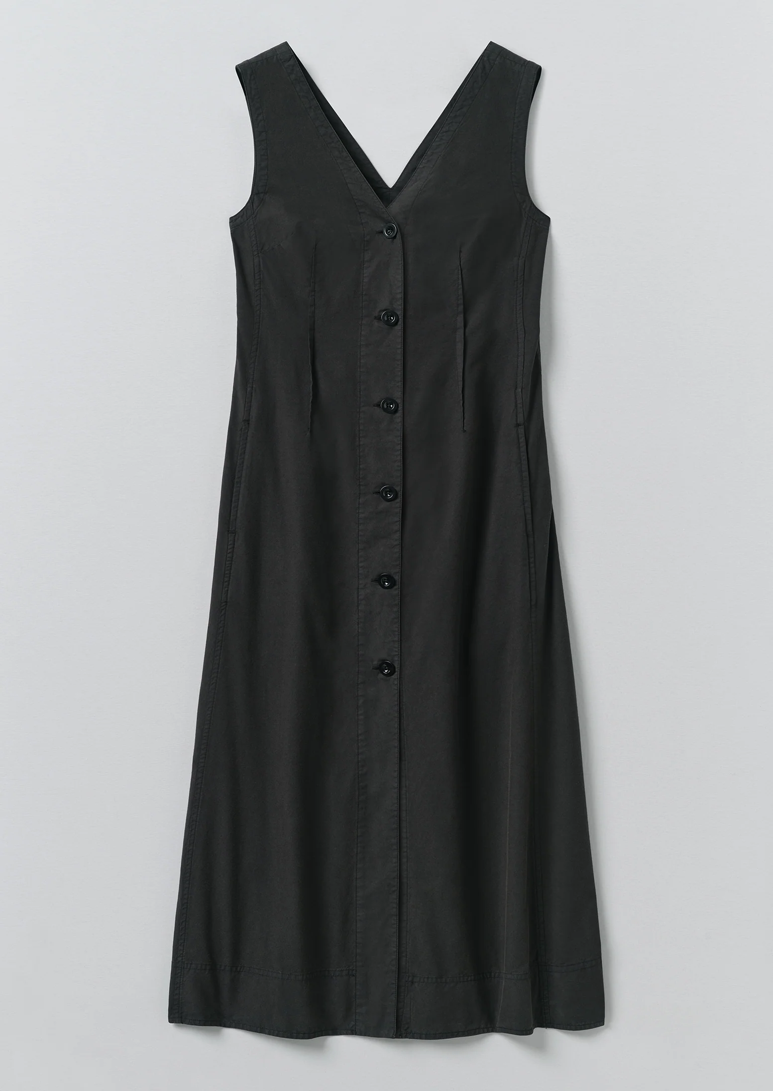 V Neck Cotton Linen Poplin Dress | Washed Black