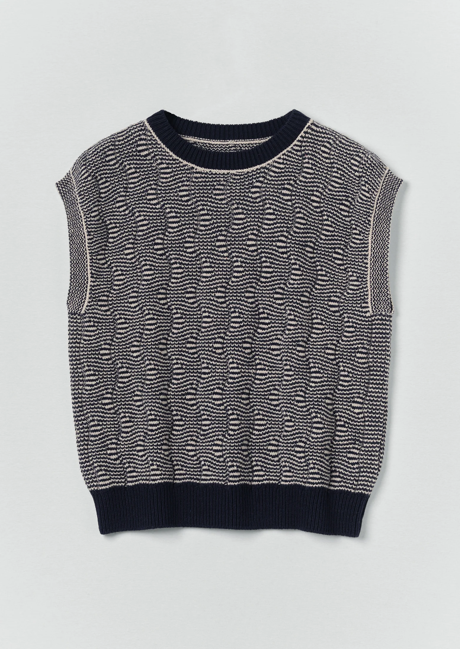 Wavy Stripe Knitted Wool Cotton Top | Navy/Parchment