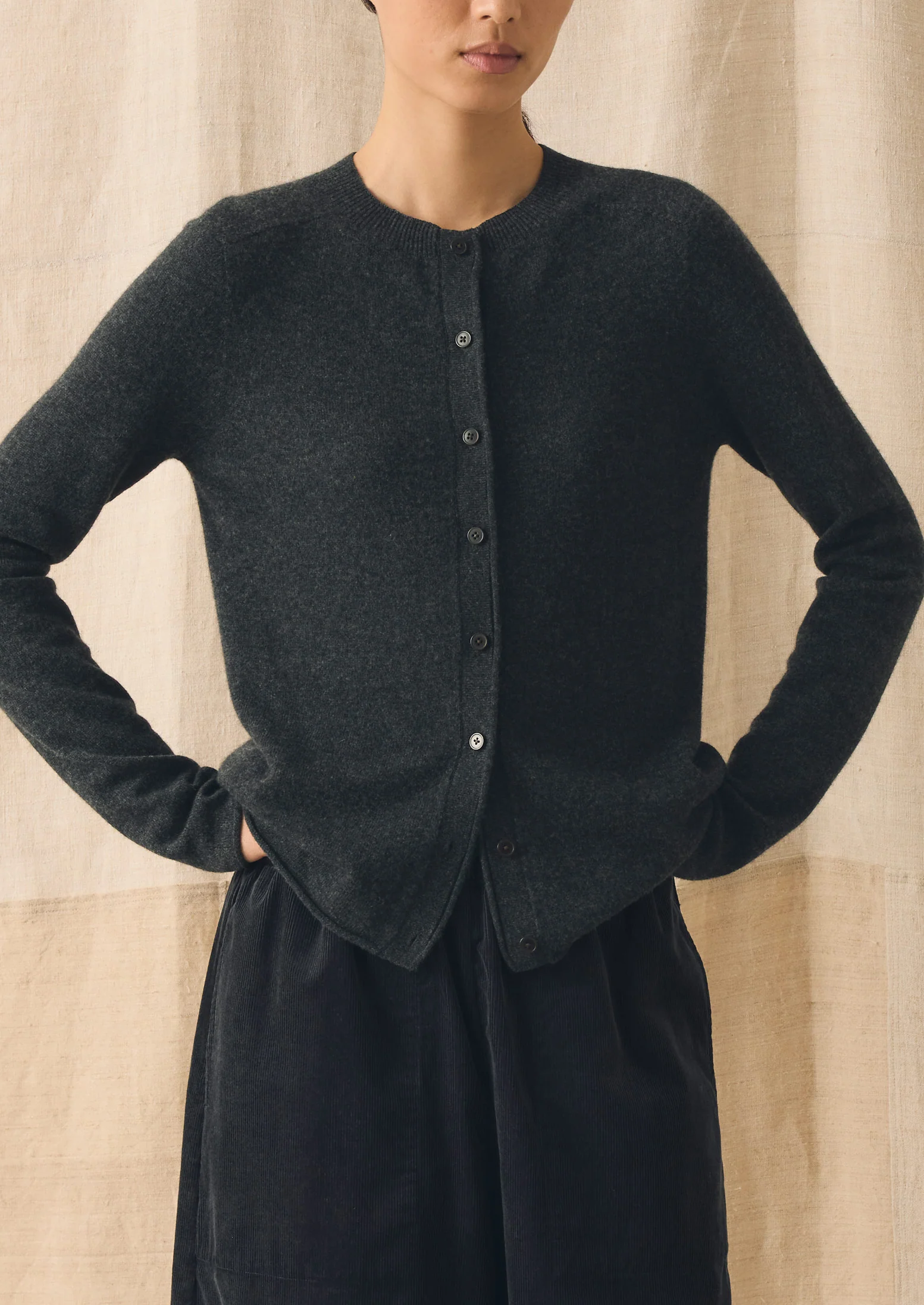 Wool Cashmere Neat Cardigan | Charcoal - Image 2